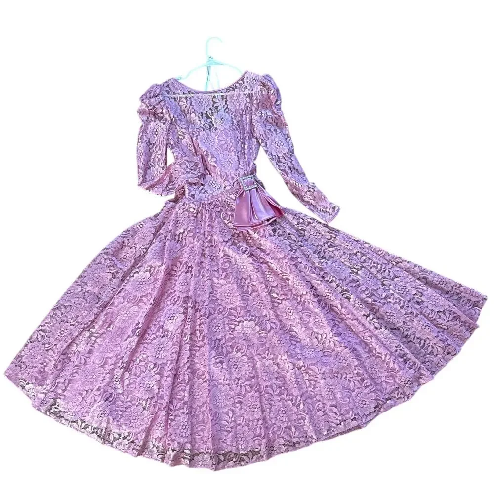 American vintage 70's pink lace prom Bridesmaid midi dress small